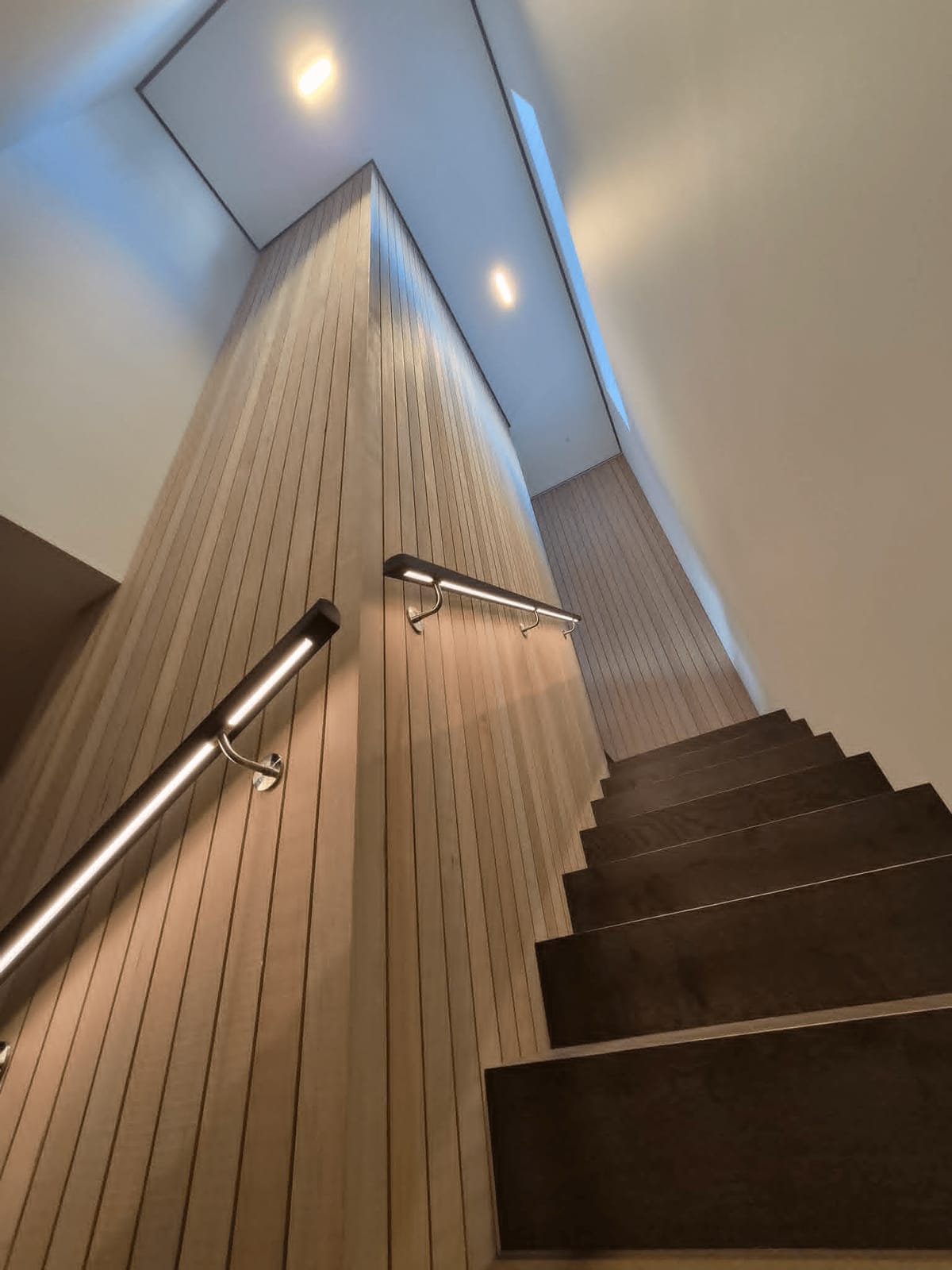 Timber-lined stairwell with stainless steel handrails and dark timber treads